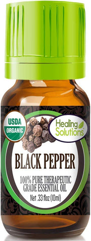 Healing Solutions Black Pepper Essential Oil bottle front view, ideal for diffuser use and skin care.
