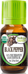 Healing Solutions Black Pepper Essential Oil bottle front view, ideal for diffuser use and skin care.