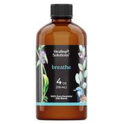 Healing Solutions Breathe Blend bottle-pour demonstrates precise essential oil application for diffuser use and a calming ambiance.
