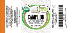 Healing Solutions Camphor Oil label closeup highlighting organic certification