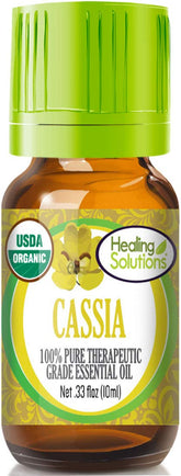 Healing Solutions Cassia oil 10ml bottle closeup, purity for skin and diffuser.