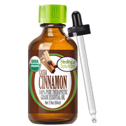 Healing Solutions Cinnamon Cassia Oil bottle promotes a warm, inviting scent for relaxation.