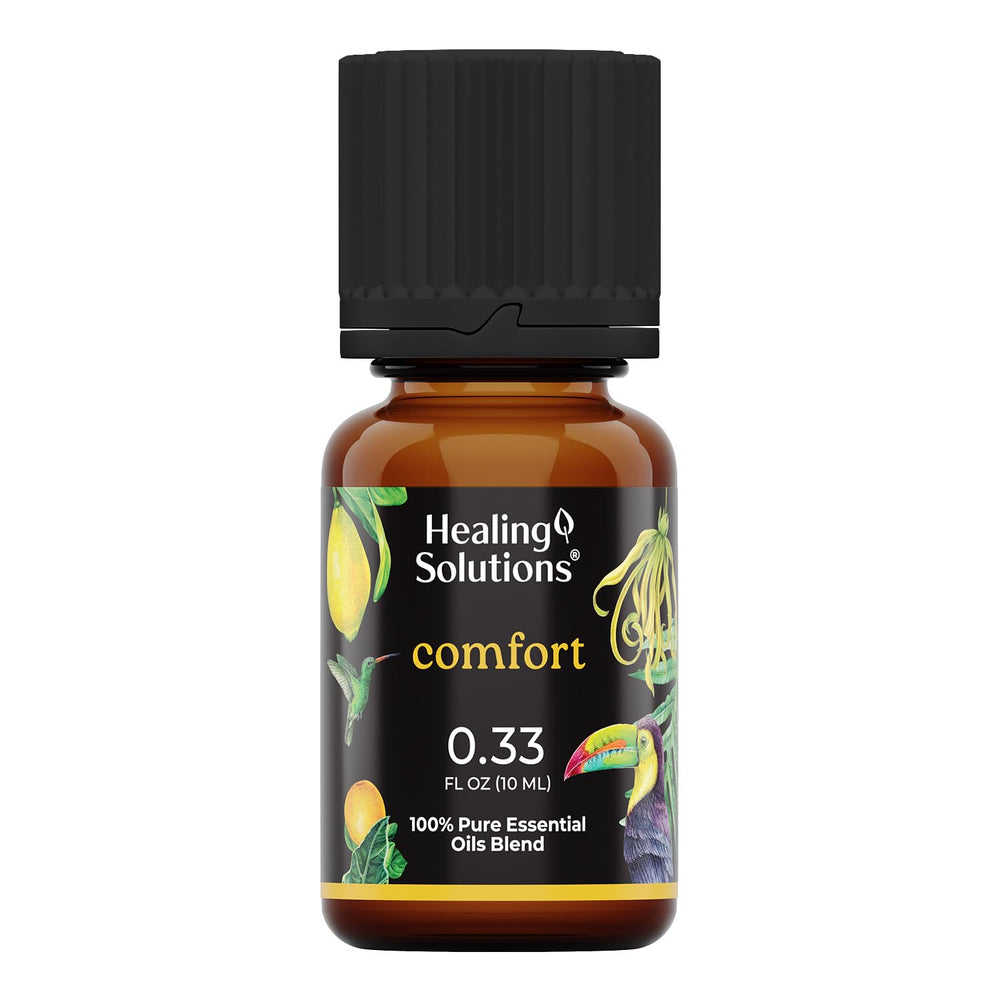 Healing Solutions Comfort Blend bottle in amber glass, offering a calming diffusion experience