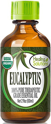 Healing Solutions Eucalyptus bottle front view, ideal for diffuser prep and aromatherapy spaces.
