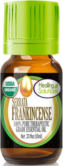 Healing Solutions frankincense oil bottle ready for aromatherapy and skincare routines