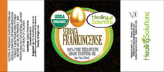 Healing Solutions frankincense oil label close-up confirms organic purity