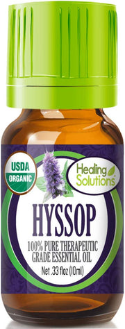 Healing Solutions Hyssop essential oil bottle closeup shows pure organic fragrance for aromatherapy.