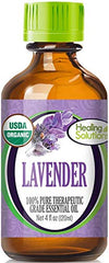 Healing Solutions lavender oil bottle for diffuser aromatherapy and relaxation.