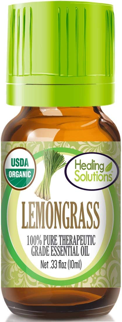 Healing Solutions Lemongrass Oil bottle pour for diffuser and uplifting ambiance.