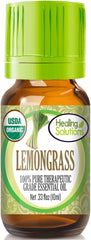 Healing Solutions Lemongrass Oil bottle pour for diffuser and uplifting ambiance.