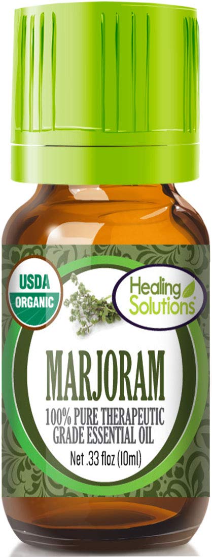 Healing Solutions Marjoram Oil bottle closeup highlighting purity and aroma