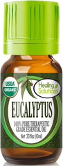 Healing Solutions Organic Eucalyptus Oil 10ml bottle ready for pure aromatherapy.