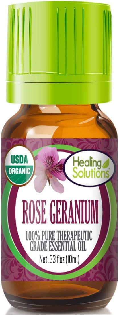Healing Solutions Rose Geranium Oil bottle for skin care and diffusion.