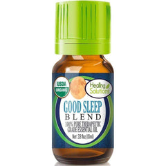 Healing Solutions Sleep bottle close-up showing pure organic sleep blend for diffuser use.