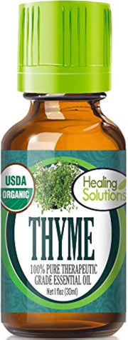 Healing Solutions thyme essential oil 1oz bottle for pure aroma and diffuser use.