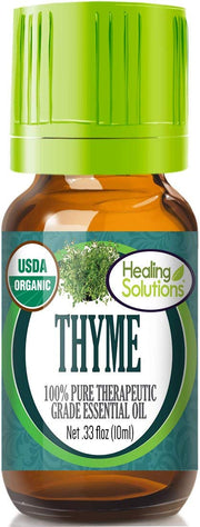 Healing Solutions thyme oil in amber bottle highlighting pure aromatherapy potential.