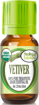 Healing Solutions Vetiver oil bottle in amber glass promotes relaxation and mood support