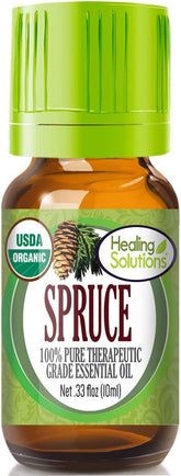 Healing Solutions Spruce Oil bottle close-up for natural aroma diffusion.