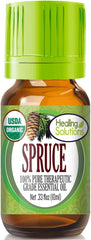 Healing Solutions Spruce Oil bottle close-up for natural aroma diffusion.