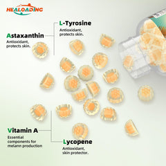 HEALOADING Tanning Gummies packaging label highlights vegan formula.
