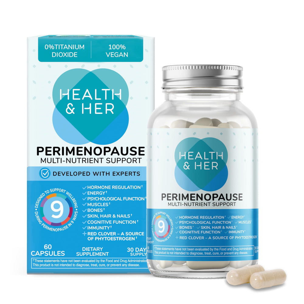 Health & Her perimenopause bottle front showing label for daily wellbeing