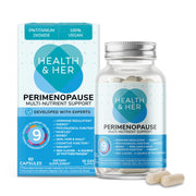 Health & Her perimenopause bottle front showing label for daily wellbeing