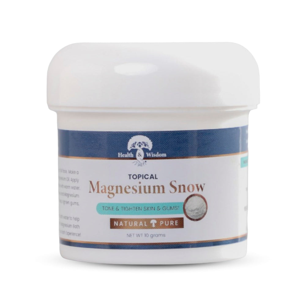 Health and Wisdom Magnesium Snow face powder bottle close-up for pore tightening and gentle cleansing.