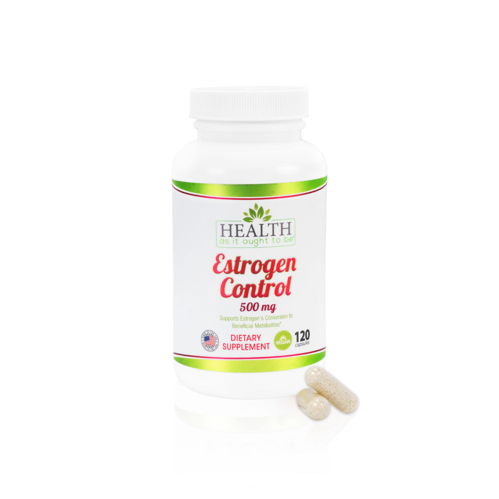 Health As It Ought To Be Estrogen Control bottle pour promotes healthy estrogen metabolism