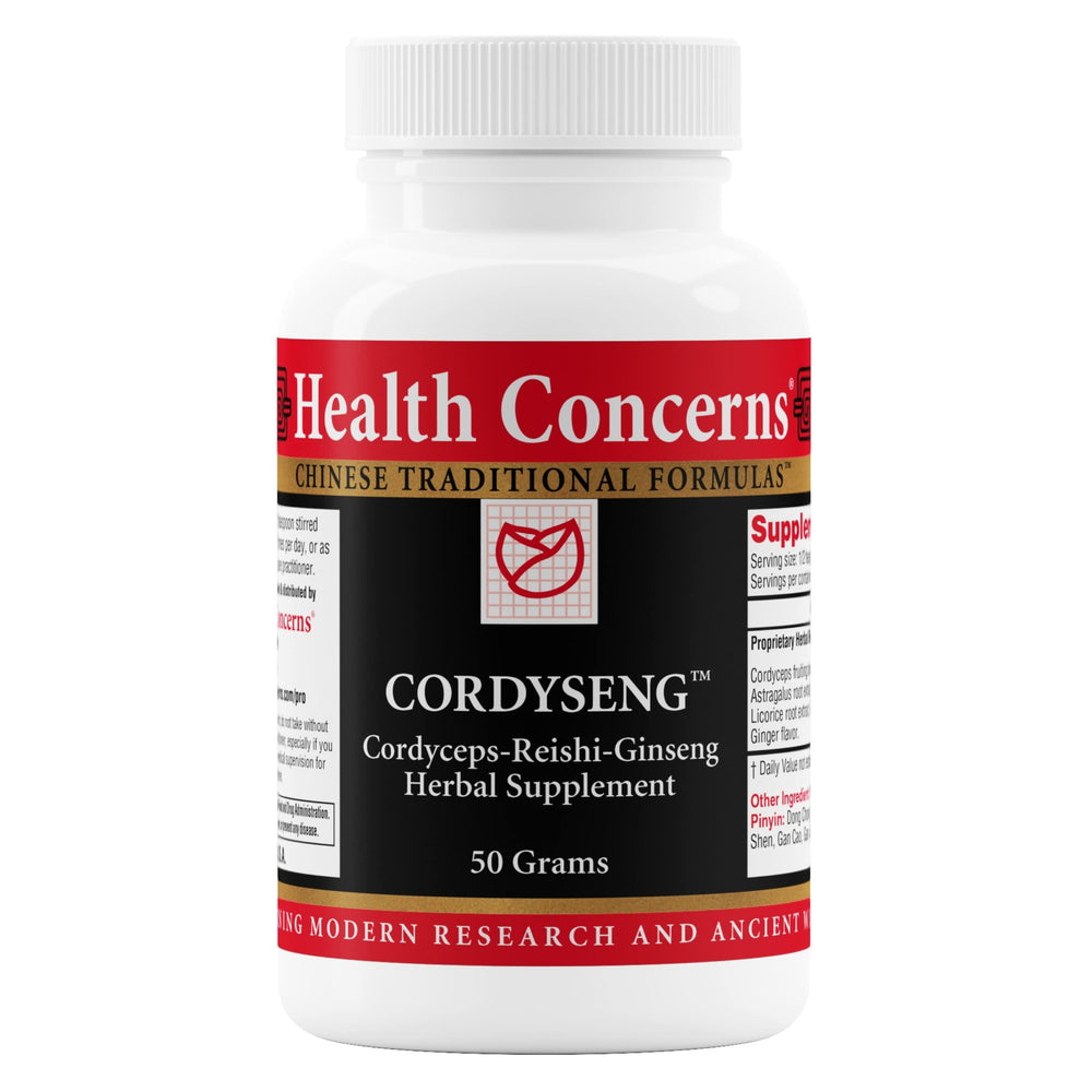 Health Concerns CordySeng powder bottle for daily immune and respiratory support.