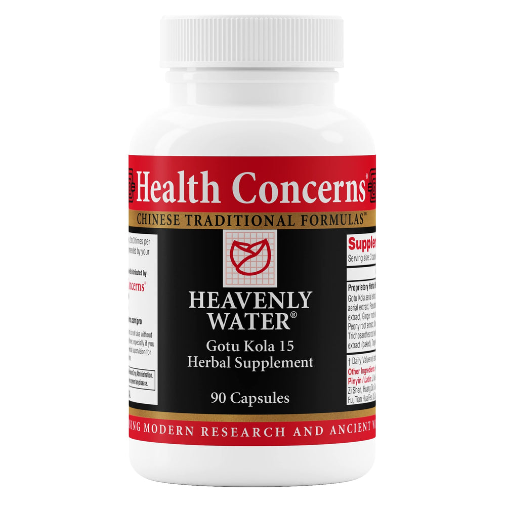 Health Concerns Heavenly Water bottle front shows herbal blend for monthly support.