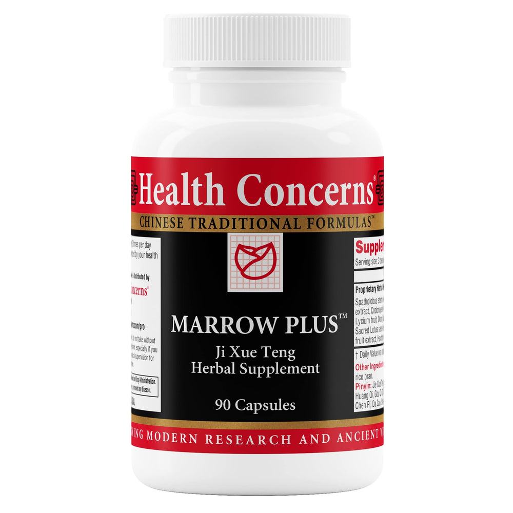Health Concerns Marrow Plus bottle with capsules signaling daily vitality support.