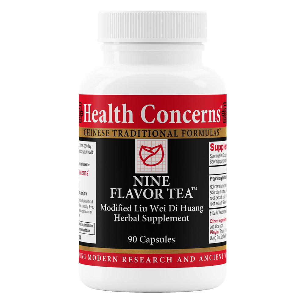 Health Concerns Nine Flavor Tea bottle with herbal blend promotes immune and kidney support.