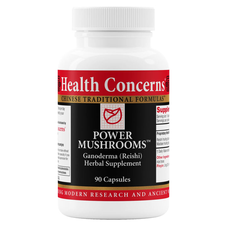 Health Concerns Power Mushrooms bottle front showing 90 capsules for daily use