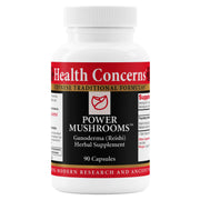 Health Concerns Power Mushrooms bottle front showing 90 capsules for daily use