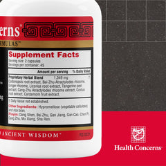 Health Concerns Six Gentlemen bottle side shows easy-to-take capsules for qi and digestion.