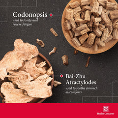 Health Concerns Six Gentlemen capsules reveal a rich herb blend for spleen and stomach balance.