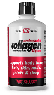 Health Direct AminoSculpt bottle front shows tart cherry flavor for daily collagen intake.