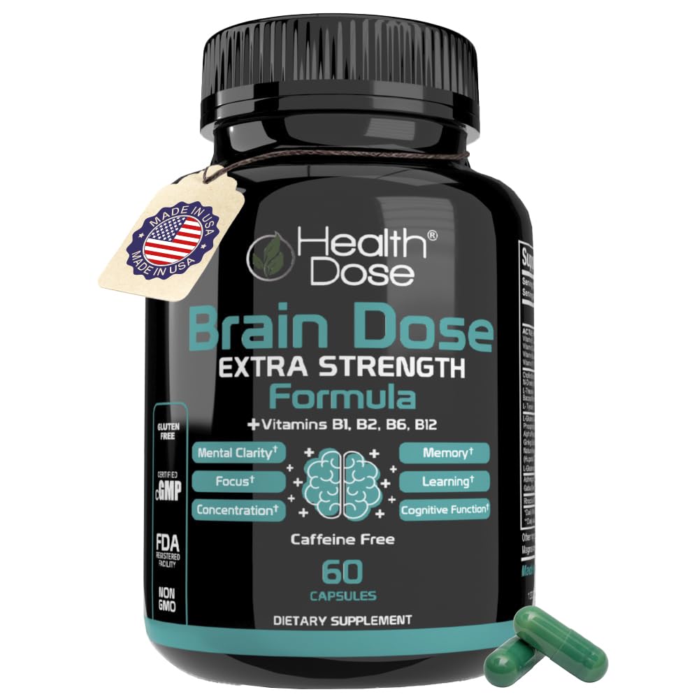 Health Dose Brain Dose bottle closeup shows premium nootropic packaging for focus.