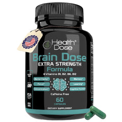 Health Dose Brain Dose bottle closeup shows premium nootropic packaging for focus.