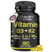 Health Dose vitamin D3 + K2 softgel bottle promotes bone support and immune wellness.