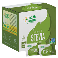Health Garden Stevia packets in packaging show zero-calorie sweetness