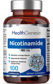 Health Genesis B-3 Nicotinamide 500 mg bottle front view showing label for skin support