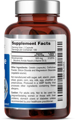Close-up of Health Genesis B-3 Nicotinamide 500 mg capsules showing neat formulation