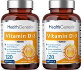 Health Genesis Vitamin D-3 softgels in EVOO bottle for easy daily intake.