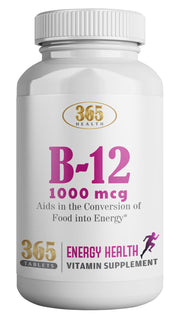 HEALTH LFE 365 B12 bottle with tablets ready for daily energy support.