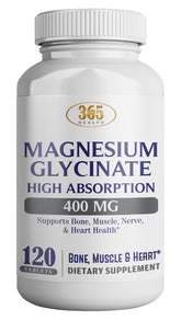 HEALTH LFE 365 Magnesium Glycinate bottle highlighting high absorption.