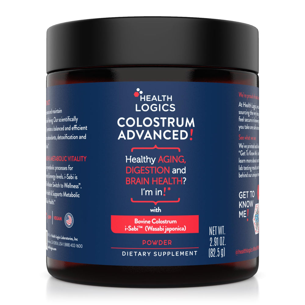 Health Logics Colostrum Advanced bottle pouring a daily dose for immune support.