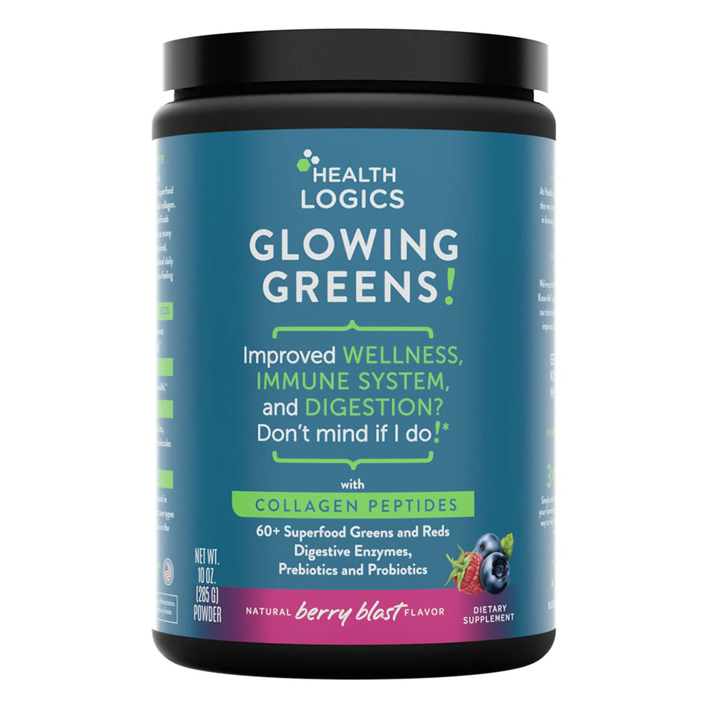 Health Logics Glowing Greens bottle pour for easy daily supplementation and energy.