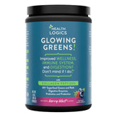 Health Logics Glowing Greens bottle pour for easy daily supplementation and energy.