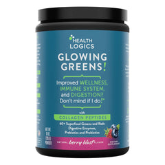 Health Logics Glowing Greens bottle pour for easy daily supplementation and energy.